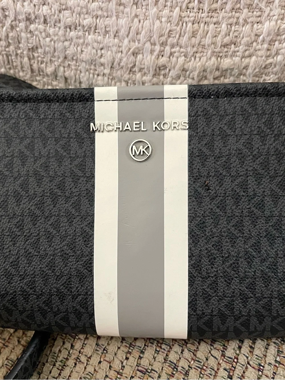 Michael Kors Womens Belt Bag-Black w/ Gray & White Stripe,Adjustable Waist,L/XL